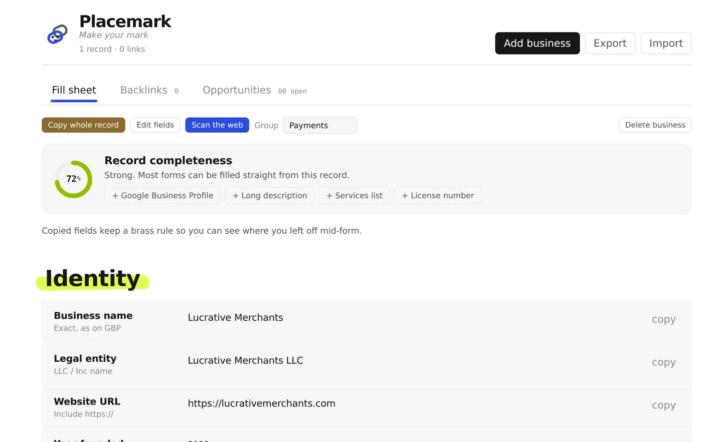 The fill sheet: one business record with completeness at 74 percent and every field click-to-copy.